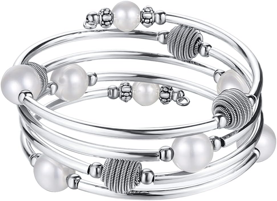 PEARL&CLUB Beaded Chakra Bangle Turquoise Bracelet - Fashion Jewelry Wrap Bracelet with Thick Silver Metal and Mala Beads, Birthday Gifts For Women