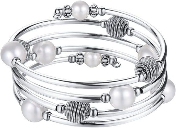 PEARL&CLUB Beaded Chakra Bangle Turquoise Bracelet - Fashion Jewelry Wrap Bracelet with Thick Silver Metal and Mala Beads, Birthday Gifts For Women