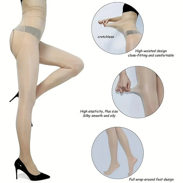 8D Oil Gloss High Waist Open Pantyhose