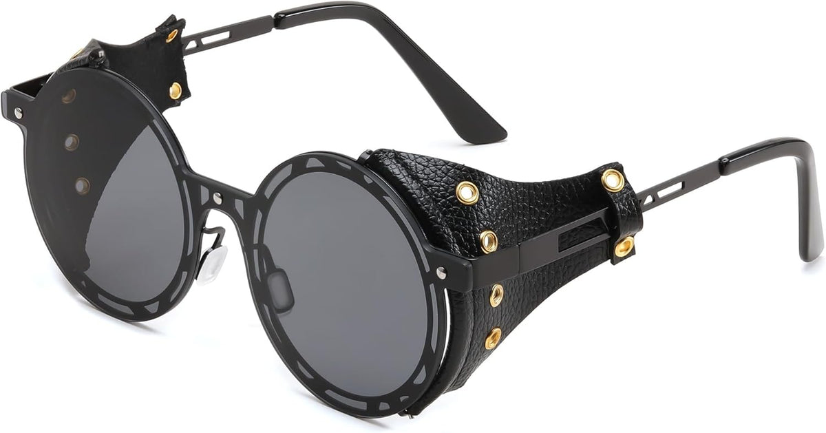 Retro Round Metal & Leather Steampunk Sunglasses