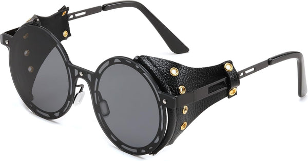 Retro Round Metal & Leather Steampunk Sunglasses