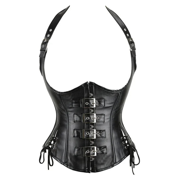 PU Leather Halter Corset Bustier with Lace-Up Back