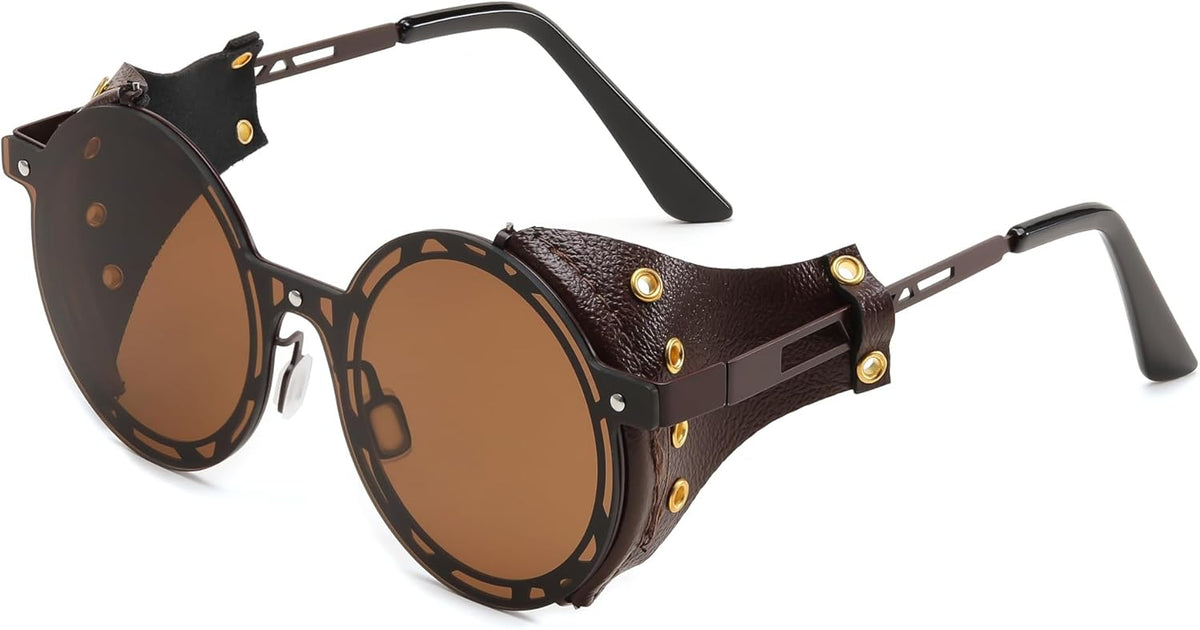 Retro Round Metal & Leather Steampunk Sunglasses
