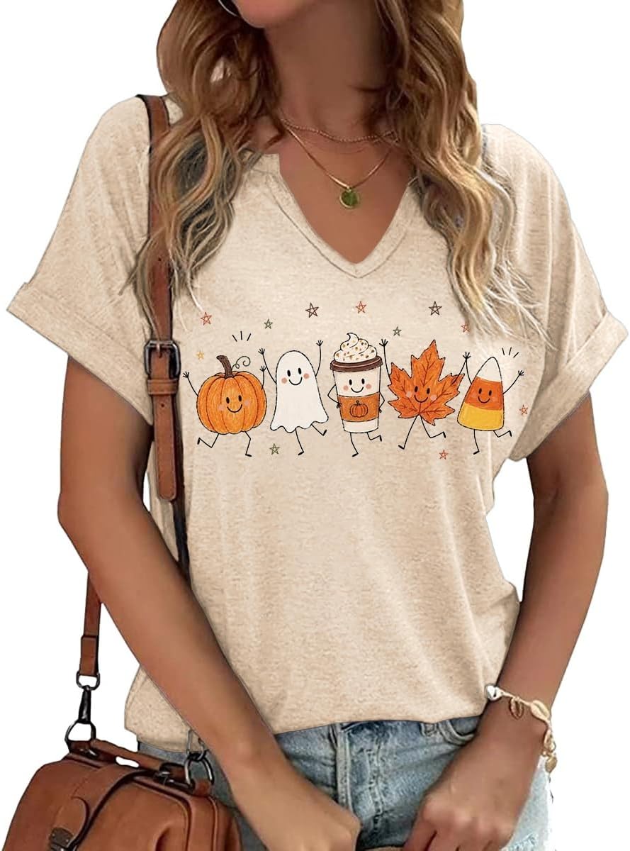 Earlymemb Women Fall Halloween Doodles V Neck Shirt Thanksgiving Casual Tee