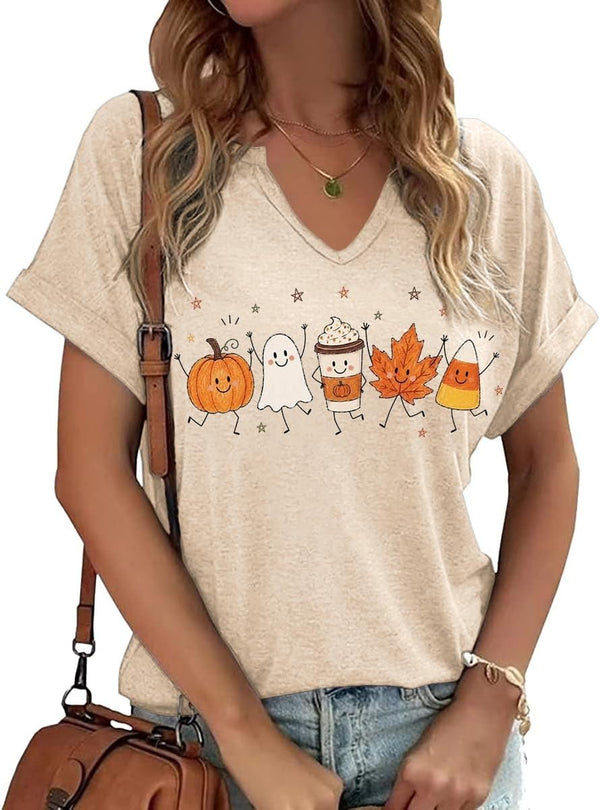 Earlymemb Women Fall Halloween Doodles V Neck Shirt Thanksgiving Casual Tee