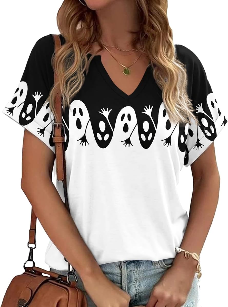 Earlymemb Women Fall Halloween Doodles V Neck Shirt Thanksgiving Casual Tee