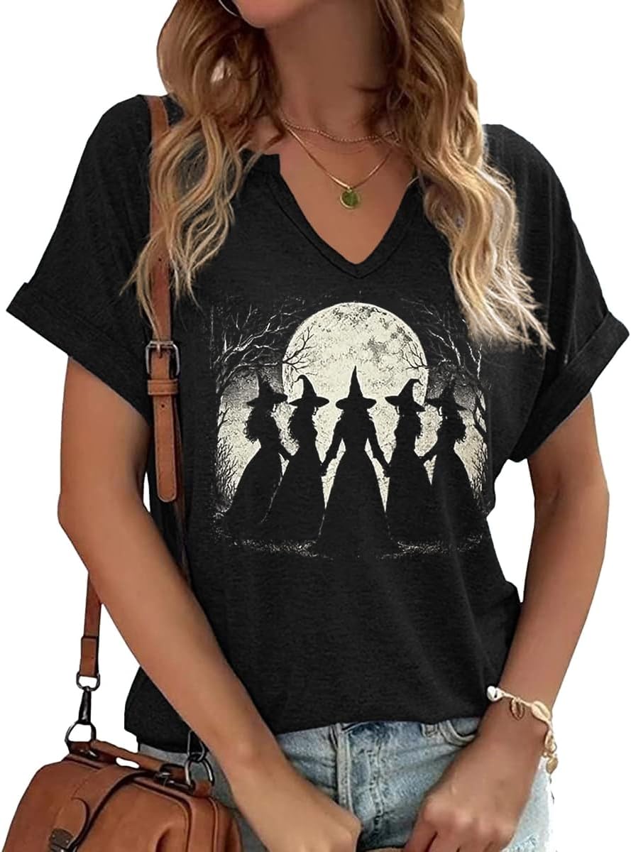 Earlymemb Women Fall Halloween Doodles V Neck Shirt Thanksgiving Casual Tee