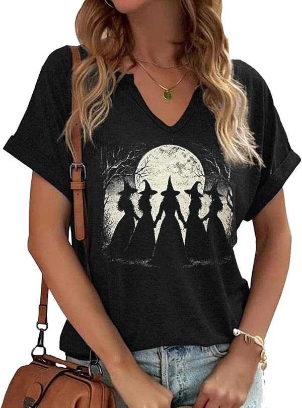 Earlymemb Women Fall Halloween Doodles V Neck Shirt Thanksgiving Casual Tee
