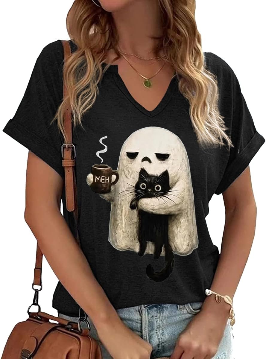 Earlymemb Women Fall Halloween Doodles V Neck Shirt Thanksgiving Casual Tee