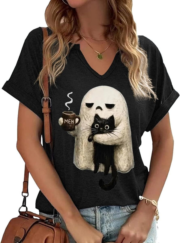 Earlymemb Women Fall Halloween Doodles V Neck Shirt Thanksgiving Casual Tee
