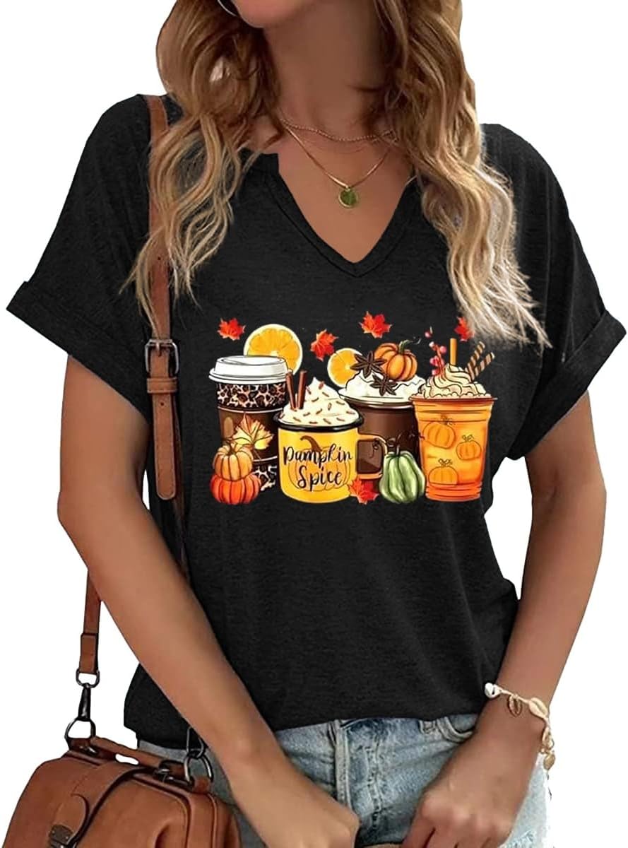 Earlymemb Women Fall Halloween Doodles V Neck Shirt Thanksgiving Casual Tee