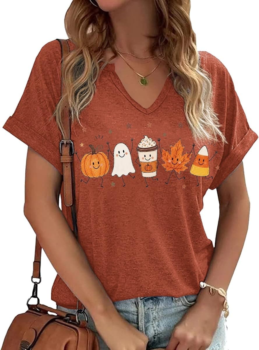 Earlymemb Women Fall Halloween Doodles V Neck Shirt Thanksgiving Casual Tee