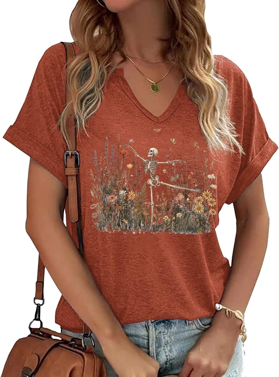 Earlymemb Women Fall Halloween Doodles V Neck Shirt Thanksgiving Casual Tee