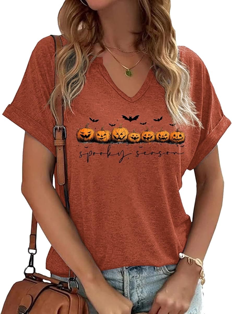 Earlymemb Women Fall Halloween Doodles V Neck Shirt Thanksgiving Casual Tee