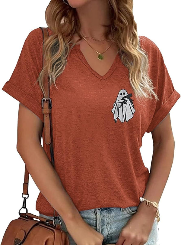 Earlymemb Women Fall Halloween Doodles V Neck Shirt Thanksgiving Casual Tee