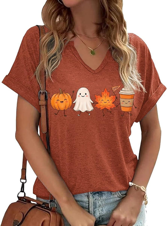 Earlymemb Women Fall Halloween Doodles V Neck Shirt Thanksgiving Casual Tee