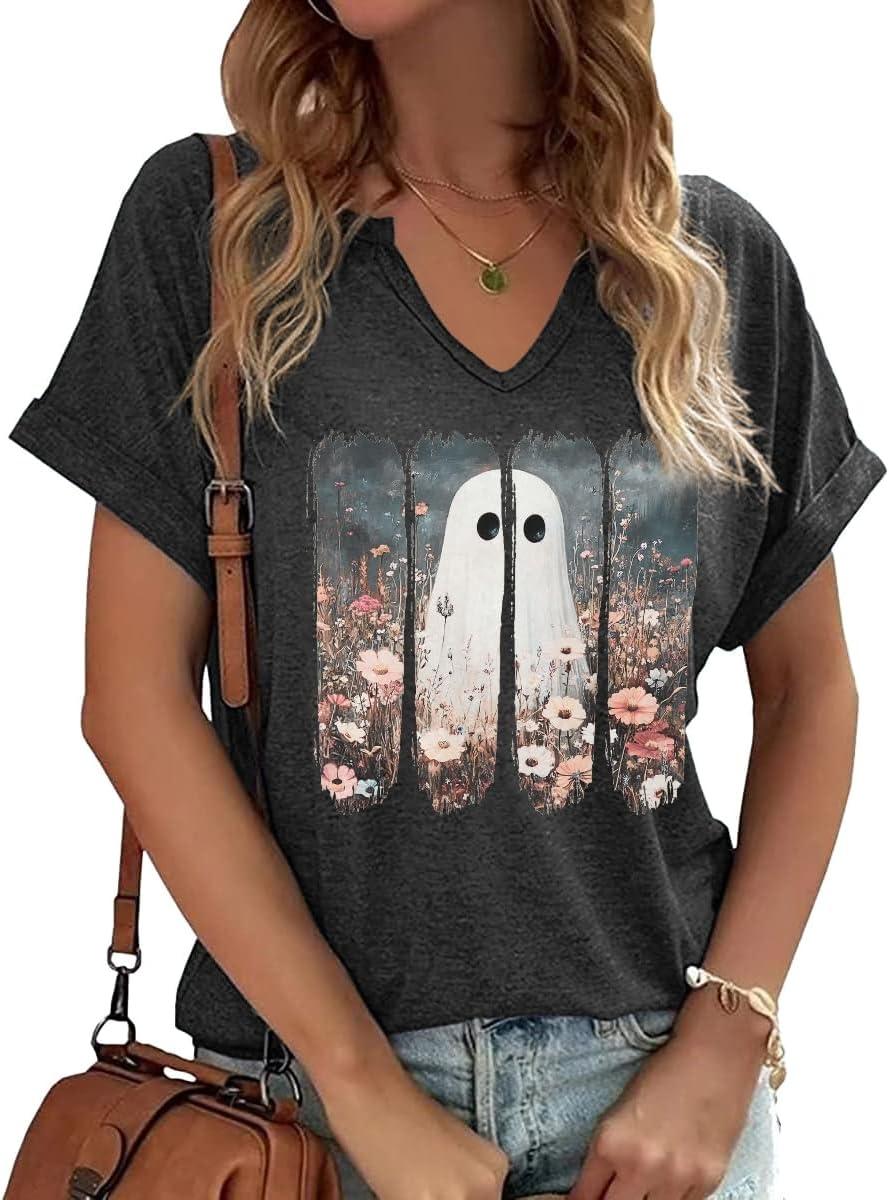 Earlymemb Women Fall Halloween Doodles V Neck Shirt Thanksgiving Casual Tee