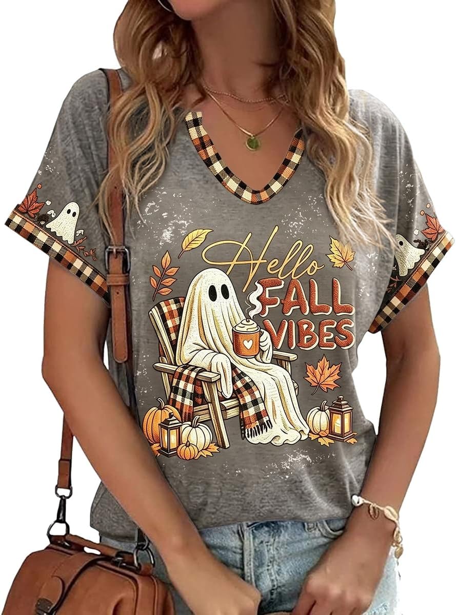 Earlymemb Women Fall Halloween Doodles V Neck Shirt Thanksgiving Casual Tee