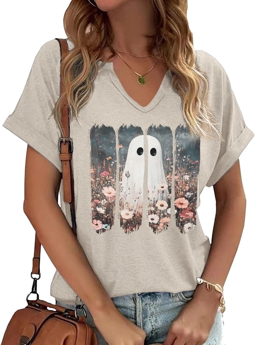 Earlymemb Women Fall Halloween Doodles V Neck Shirt Thanksgiving Casual Tee