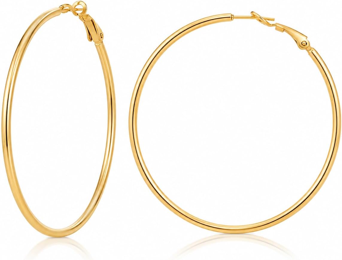 TIZU Big Hoop Earrings for Women Stainless Steel Hypoallergenic 14K Gold/Rose Gold/Black/Silver Hoop Earrings, 40mm/50mm/60mm/70mm Hoops Earrings