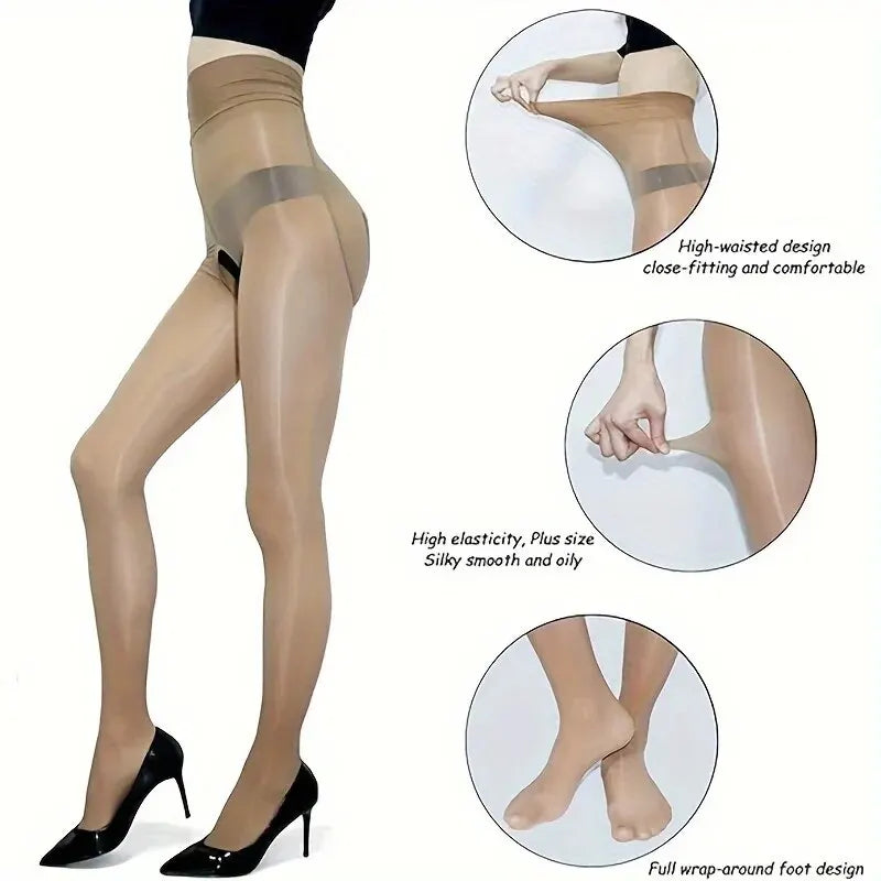 8D Oil Gloss High Waist Open Pantyhose