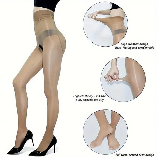 8D Oil Gloss High Waist Open Pantyhose