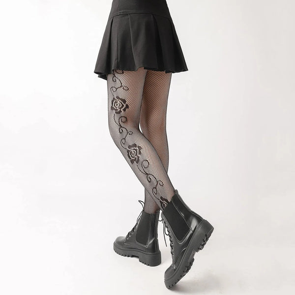 Gothic Lolita Cross Print Fishnet Pantyhose