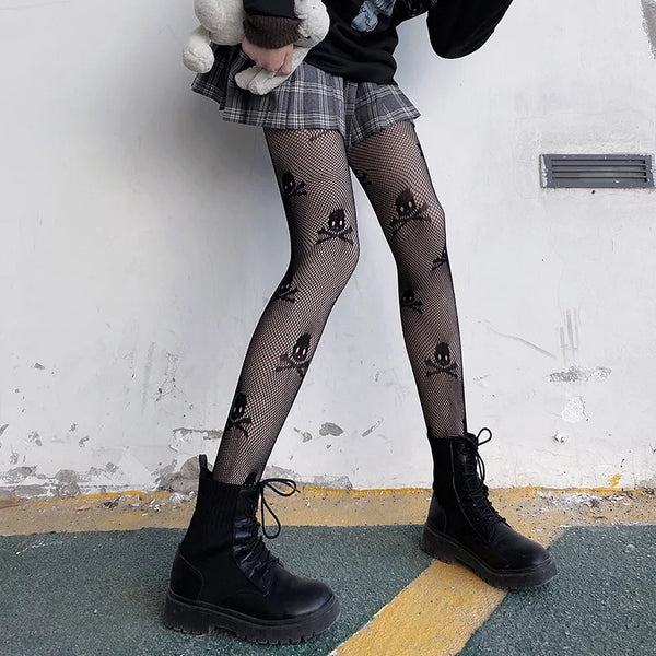 Gothic Lolita Cross Print Fishnet Pantyhose