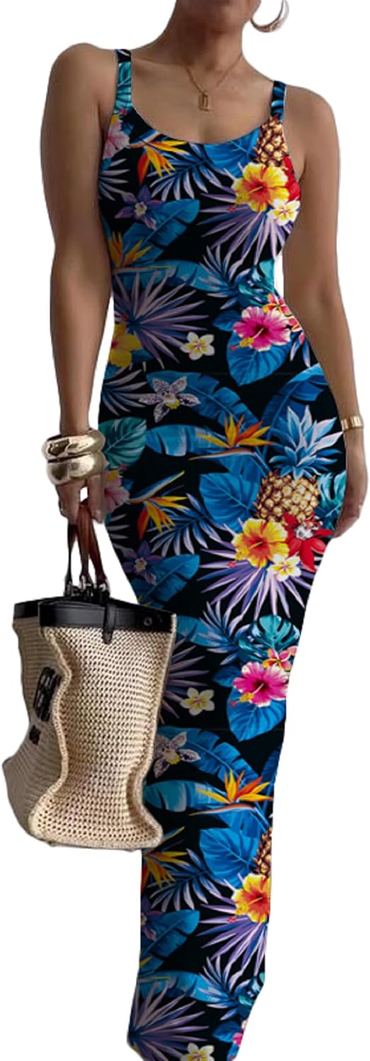 Nimsruc Sleeveless Strap Bodycon Maxi Dresses for Women Slim Sundresses