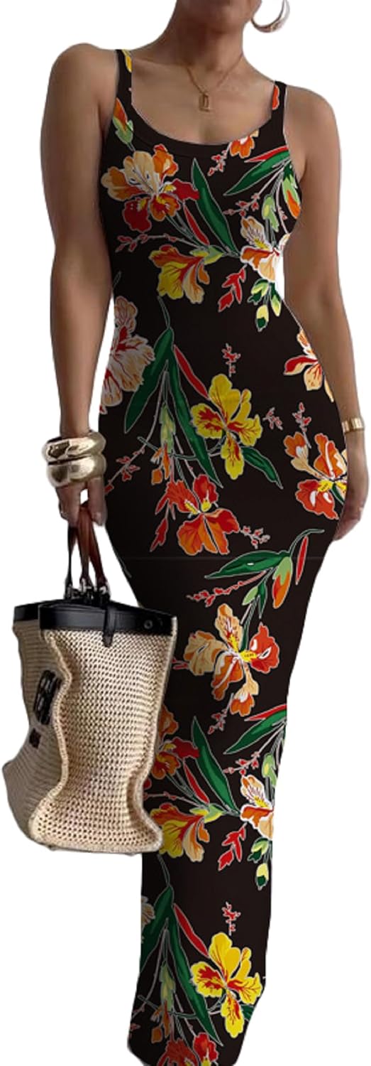 Nimsruc Sleeveless Strap Bodycon Maxi Dresses for Women Slim Sundresses