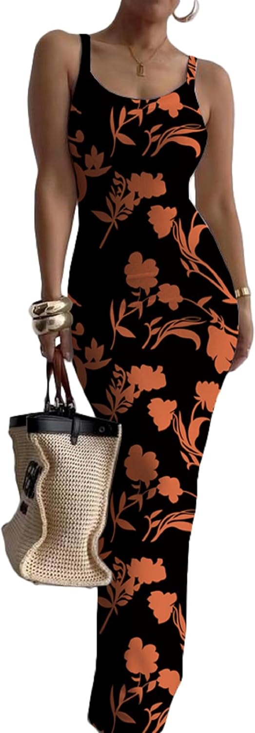 Nimsruc Sleeveless Strap Bodycon Maxi Dresses for Women Slim Sundresses