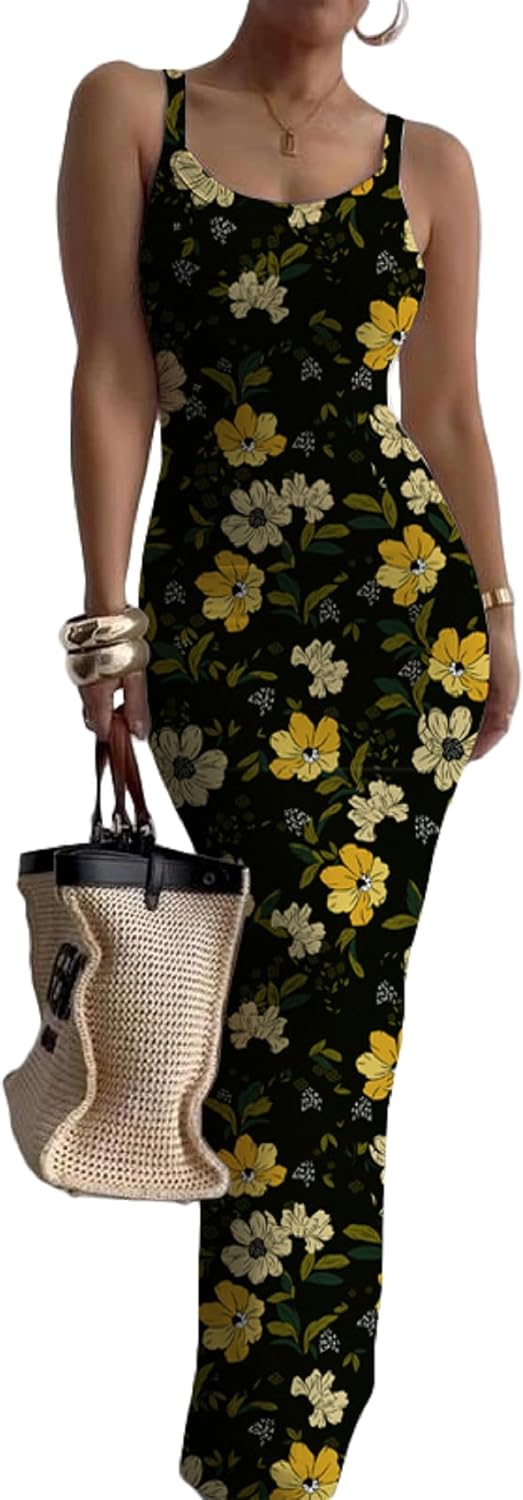 Nimsruc Sleeveless Strap Bodycon Maxi Dresses for Women Slim Sundresses
