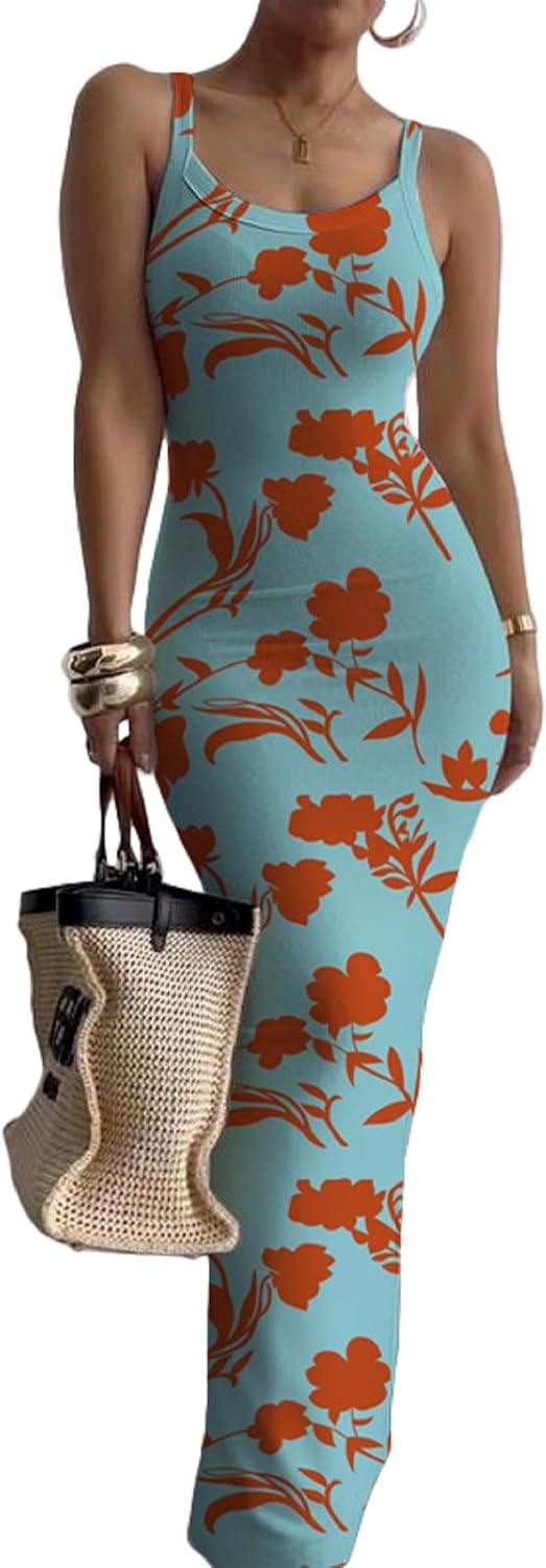 Nimsruc Sleeveless Strap Bodycon Maxi Dresses for Women Slim Sundresses