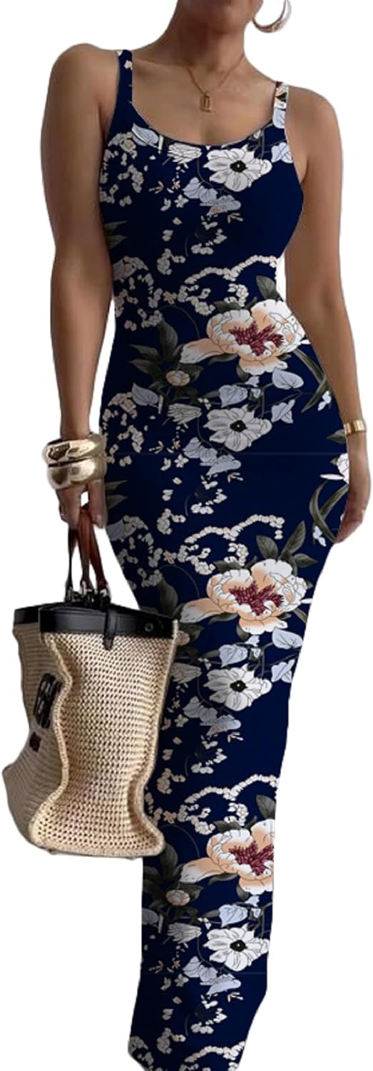 Nimsruc Sleeveless Strap Bodycon Maxi Dresses for Women Slim Sundresses