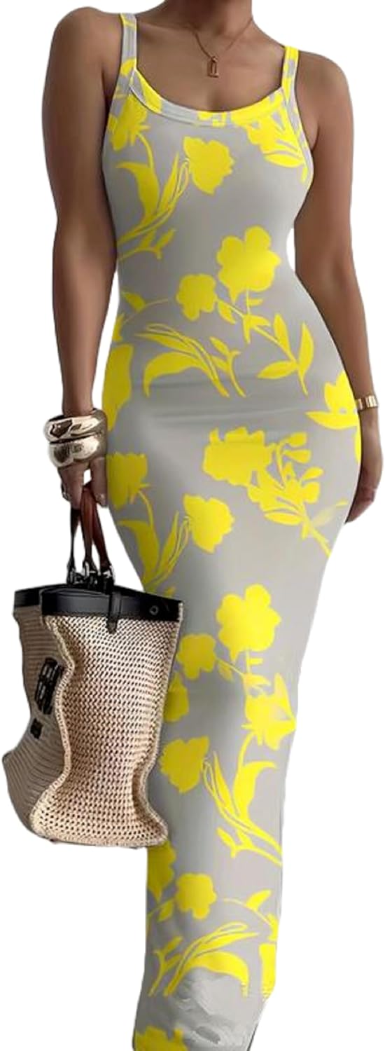 Nimsruc Sleeveless Strap Bodycon Maxi Dresses for Women Slim Sundresses