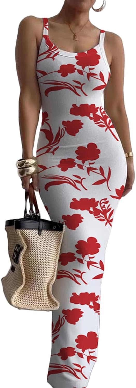 Nimsruc Sleeveless Strap Bodycon Maxi Dresses for Women Slim Sundresses