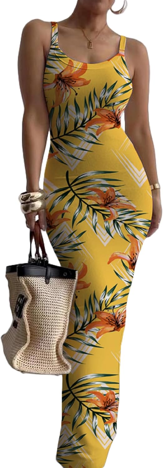 Nimsruc Sleeveless Strap Bodycon Maxi Dresses for Women Slim Sundresses