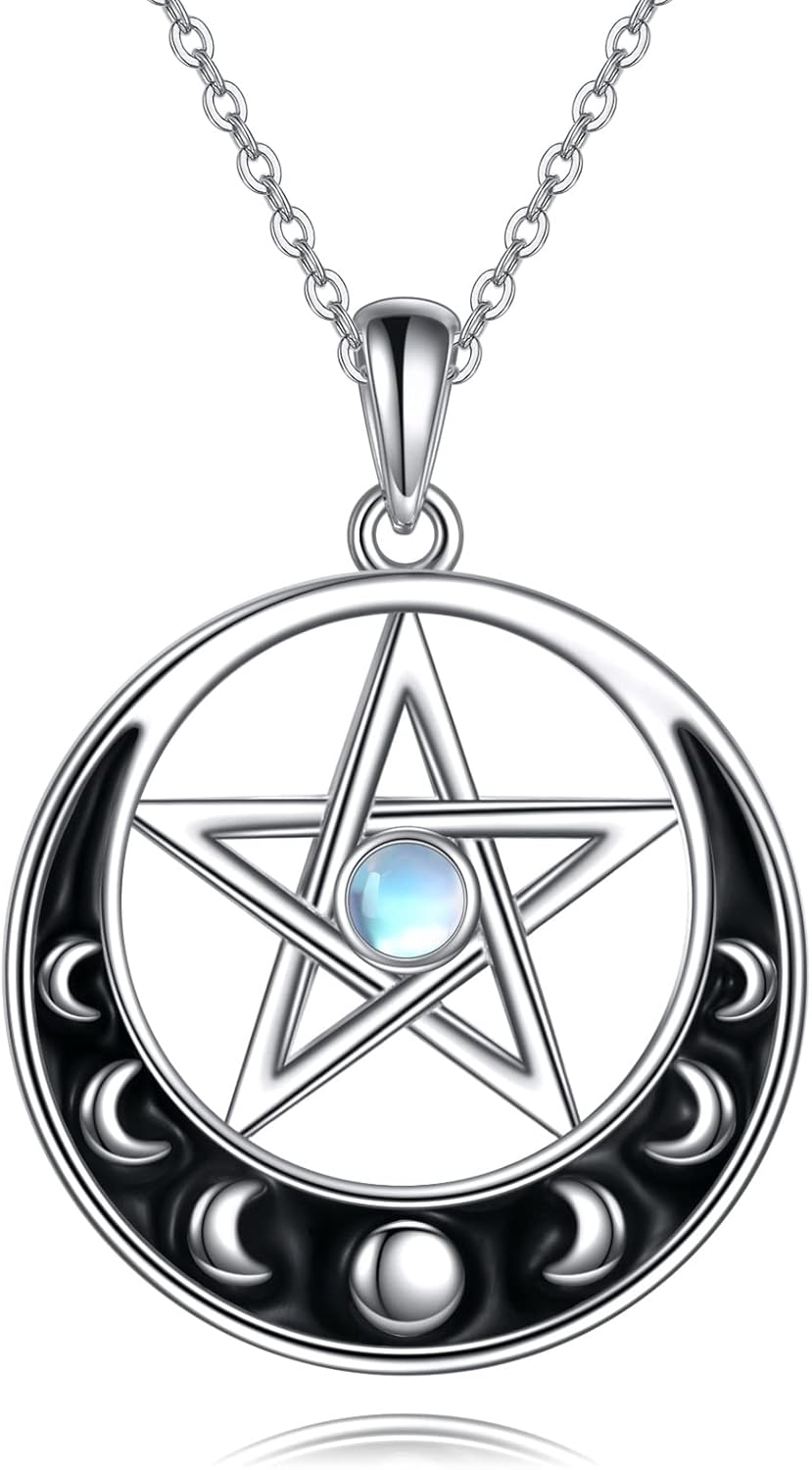 Sterling Silver Pentagram Necklace with Birthstone Triple Moon
