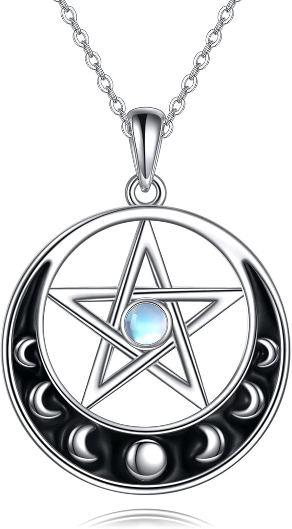 Sterling Silver Pentagram Necklace with Birthstone Triple Moon