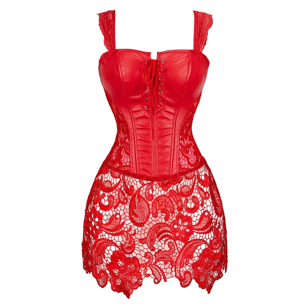 Gothic Overbust Corset Dress – Faux Leather Punk Style