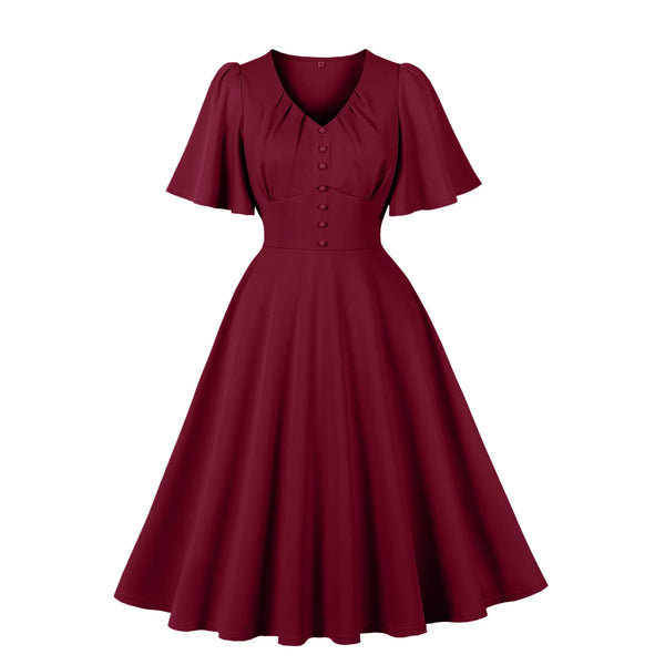Vintage Swing Dress - V-Neck - 1950s Rockabilly Pin-Up Style
