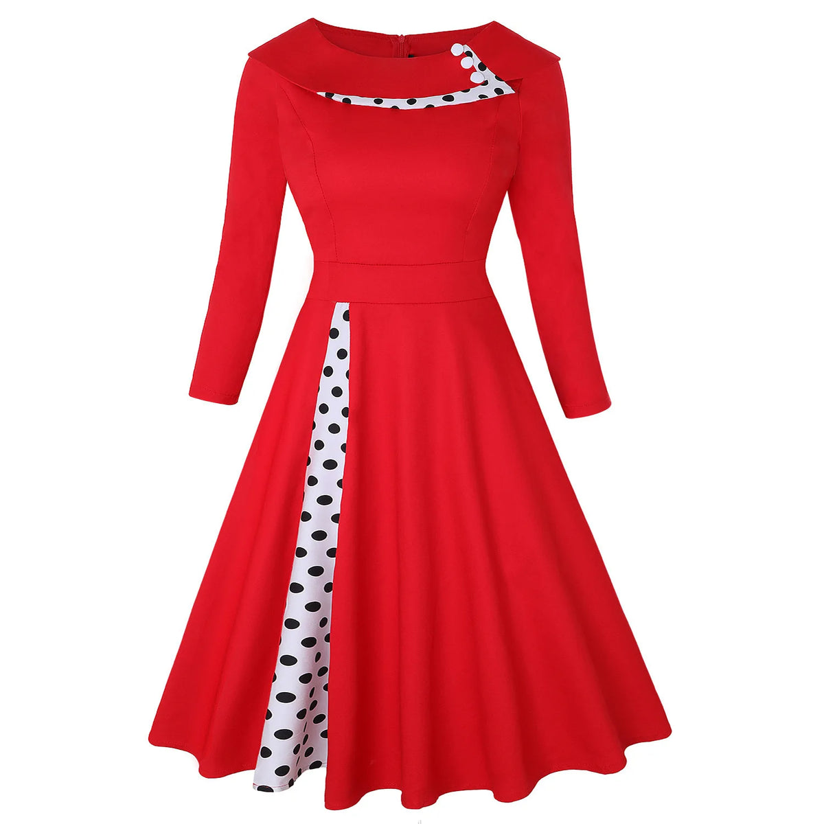 Dress Rockabilly Polka Dot Print Sexy Patchwork Long Sleeve High Waist Swing Casual Party Midi Vestidos Robe