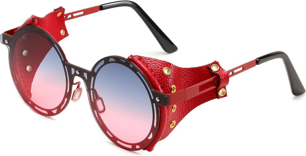 Retro Round Metal & Leather Steampunk Sunglasses