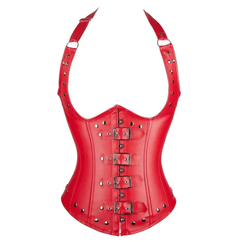 PU Leather Halter Corset Bustier with Lace-Up Back