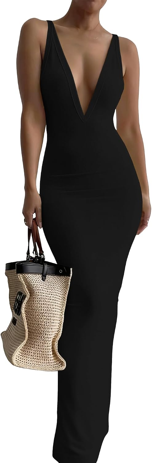 Nimsruc Sleeveless Strap Bodycon Maxi Dresses for Women Slim Sundresses