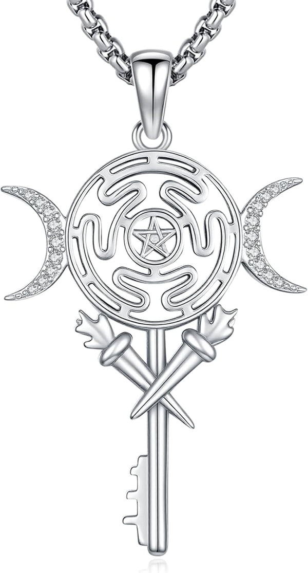 Sterling Silver Pentagram Necklace Triple Moon