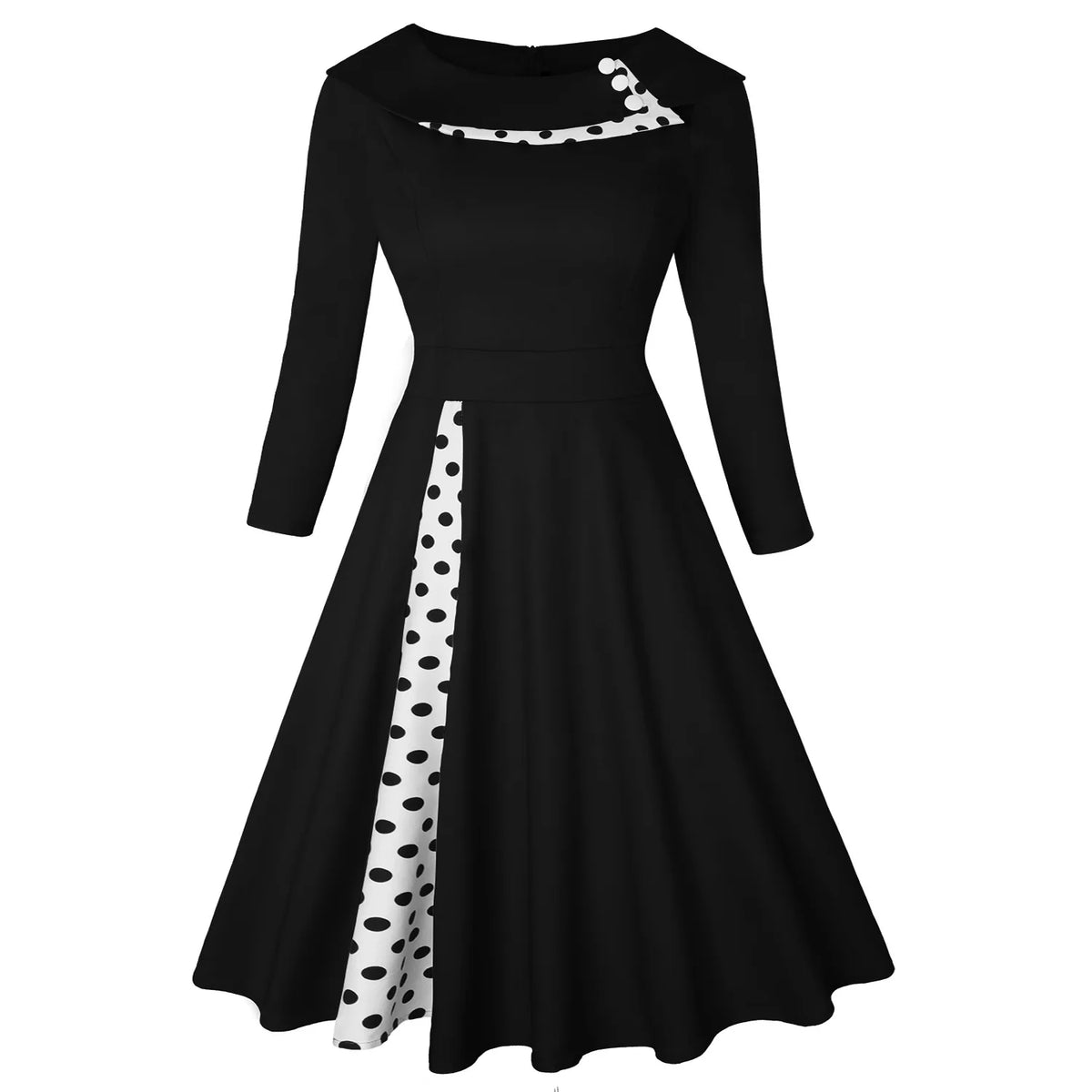Dress Rockabilly Polka Dot Print Sexy Patchwork Long Sleeve High Waist Swing Casual Party Midi Vestidos Robe