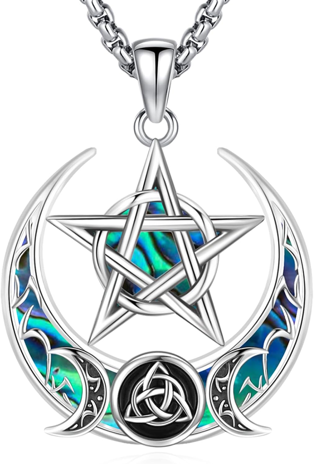 Sterling Silver Pentagram Necklace Triple Moon