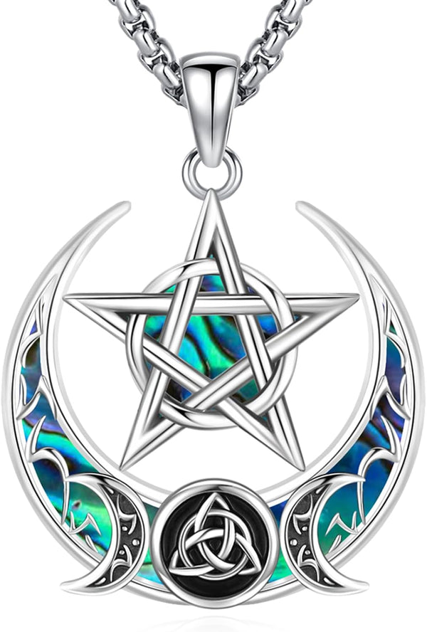 Sterling Silver Pentagram Necklace Triple Moon