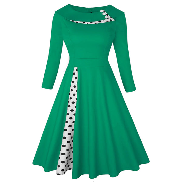 Dress Rockabilly Polka Dot Print Sexy Patchwork Long Sleeve High Waist Swing Casual Party Midi Vestidos Robe